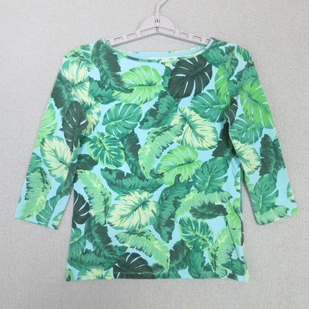 Talbots The Talbots Tee Womens Petite XS Green Leaf Print 3/4 Sleeve Boatneck